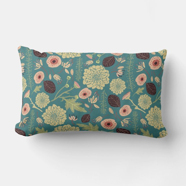 Green Teal Pink Floral Toss Patterned Flowers Lumbar Pillow (Front)