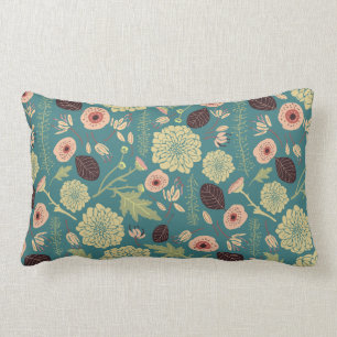 Green Teal Pink Floral Toss Patterned Flowers Lumbar Pillow