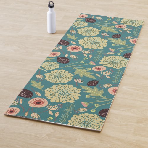 Green Teal Pink Floral Toss Patterned Flowers Yoga Mat