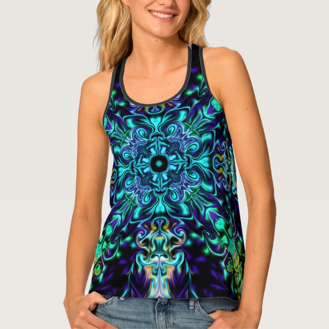 Green Teal Psychedelic Bohemian Mandala  Tank Top (Front)