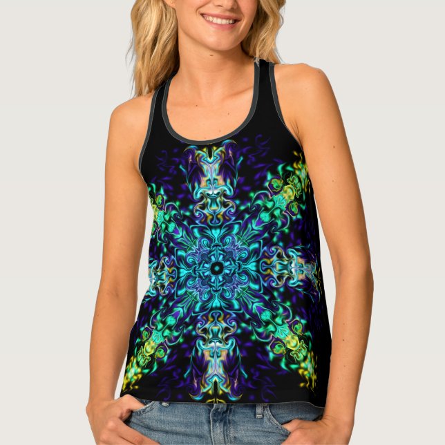 Green Teal Psychedelic Bohemian Mandala Tank Top (Front)