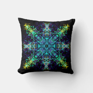 Green Teal Psychedelic Bohemian Mandala Throw Pillow