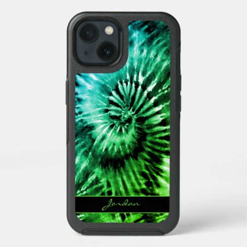 Green  Teal Psychedelic Retro Tie Dye with Name iPhone 13 Case