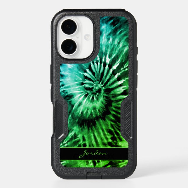 Green & Teal Psychedelic Retro Tie Dye with Name Otterbox iPhone Case (Back)