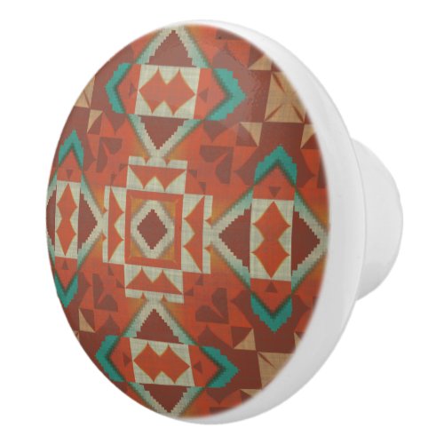 Green Teal Rust Orange Beige Brown Red Tribal Art Ceramic Knob