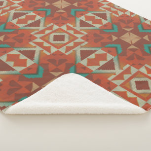Green Teal Rust Orange Beige Brown Red Tribal Art Sherpa Blanket