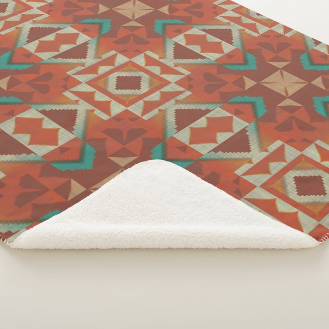 Green Teal Rust Orange Beige Brown Red Tribal Art Sherpa Blanket (3/4)