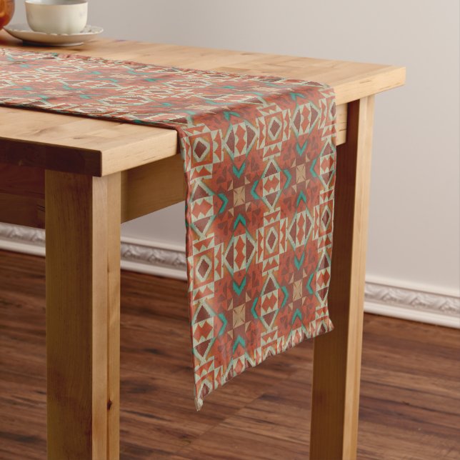 Green Teal Rust Orange Beige Brown Red Tribal Art Short Table Runner (In Situ)