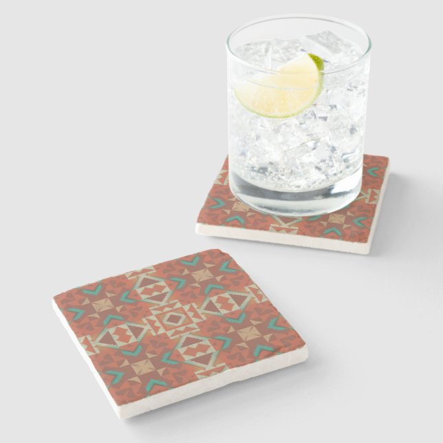 Green Teal Rust Orange Beige Brown Red Tribal Art Stone Coaster (Side)