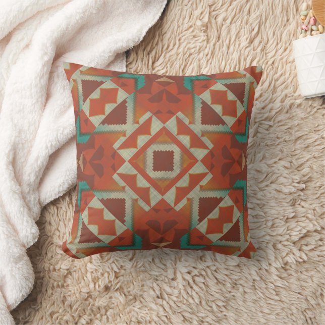 Green Teal Rust Orange Beige Brown Red Tribal Art Throw Pillow (Blanket)