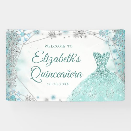 Green Teal Silver Christmas Snowflake Quinceaera Banner
