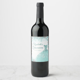 Green Teal Silver Snowflake Christmas Mis XV Años Wine Label