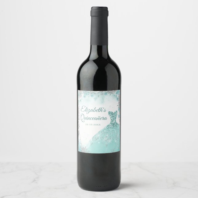 Green Teal Silver Snowflake Christmas Mis XV Años Wine Label (Front)
