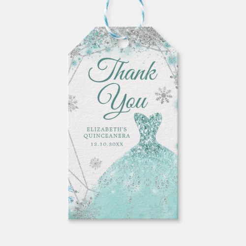 Green Teal Silver Snowflake Mis Quince Thank You Gift Tags