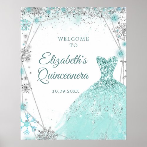 Green Teal Silver Winter Mis Quince Welcome Sign