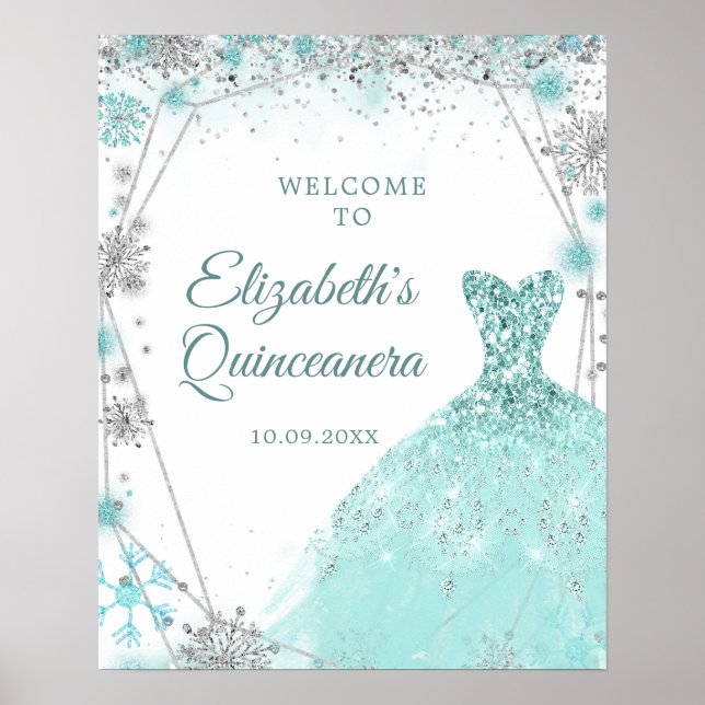 Green Teal Silver Winter Mis Quince Welcome Sign (Front)