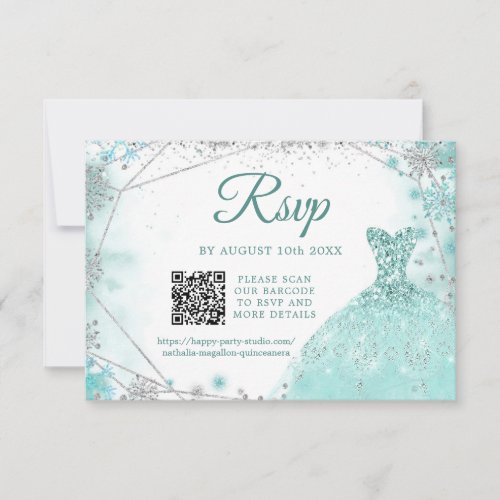 Green Teal Silver Winter Quinceaera Snowflake QR RSVP Card