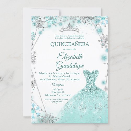 Green Teal Silver Winter Snowflake Quinceanera Invitation