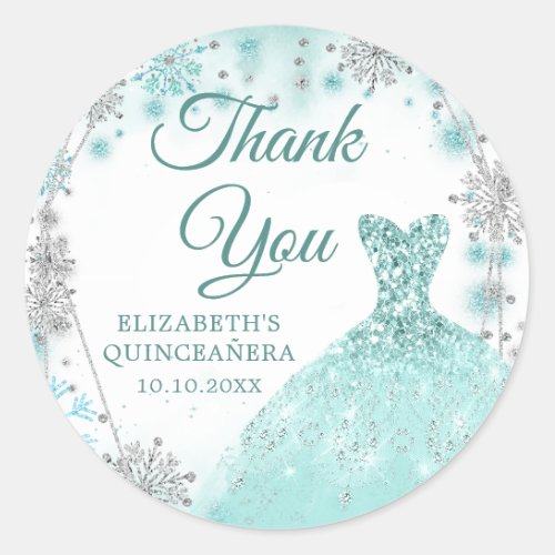 Green Teal Silver Wintere Quinceaera Thank You Classic Round Sticker