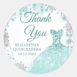 Green Teal Silver Wintere Quinceañera Thank You Classic Round Sticker
