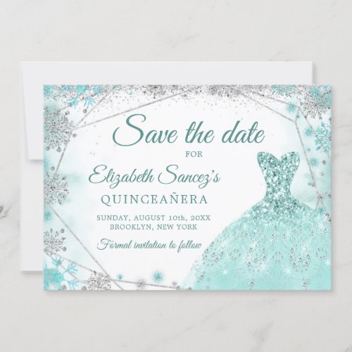 Green Teal Snowflake Mis Quince Save The Date Invitation