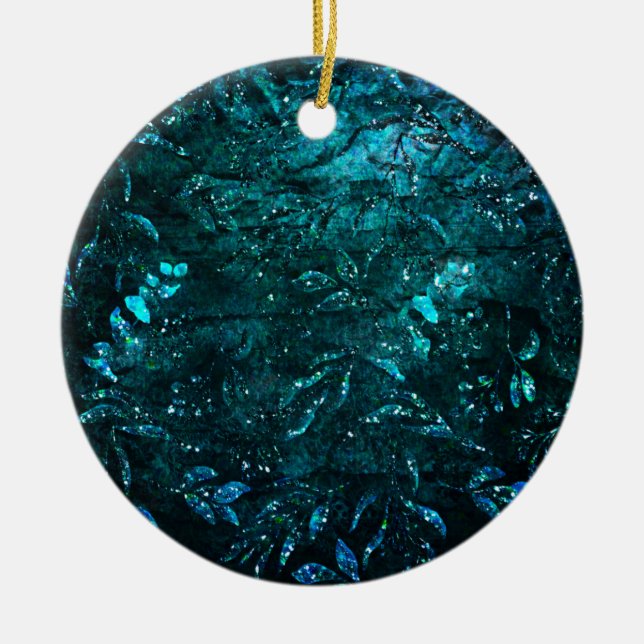 Green Teal Sparkle Floral Leaves   Ceramic Ornament (Front)