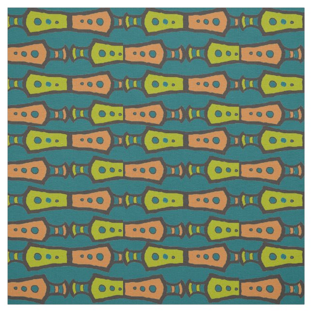 Green Teal Tan Black Abstract Tribal Design Fabric (Swatch)