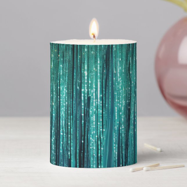 Green Teal Tinsel Stripes Christmas Pillar Candle (In Situ)