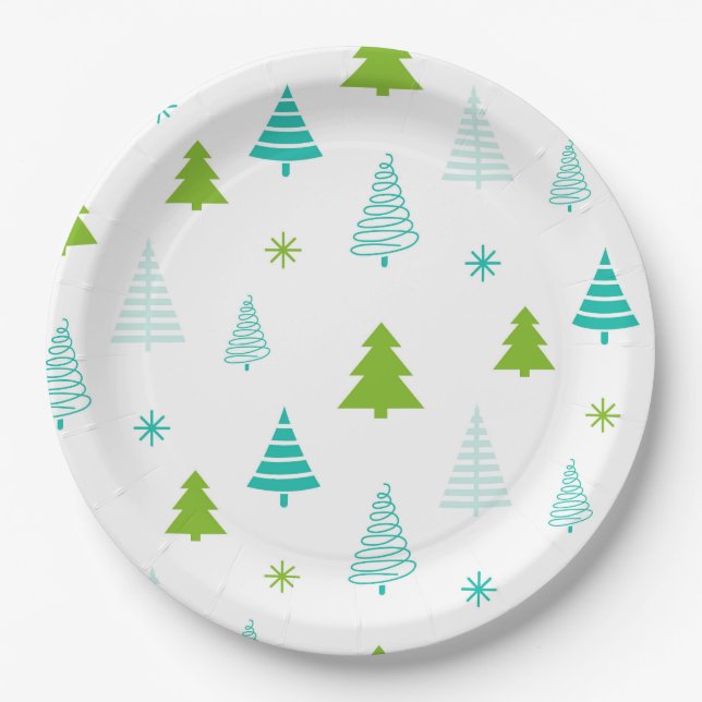 Green Teal Trees Simple Modern Christmas  Paper Plates (Front)