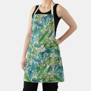 Green & Teal Tropical Palm Banana Monstera Leaves Apron