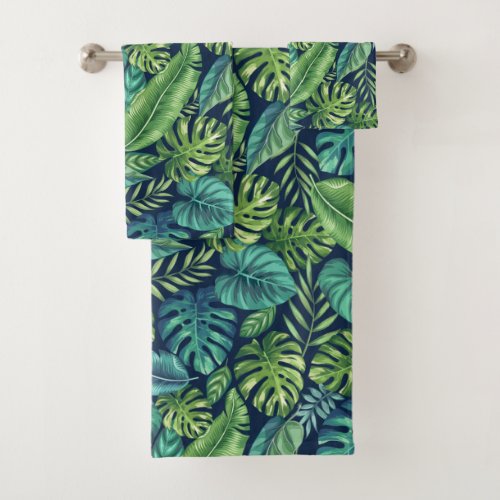 Green  Teal Tropical Palm Banana Monstera Leaves  Bath Towel Set