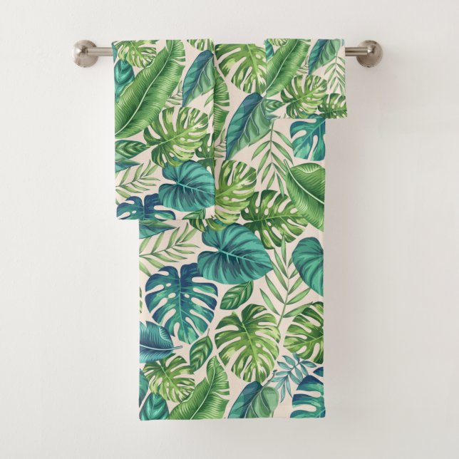 Green & Teal Tropical Palm Banana Monstera Leaves  Bath Towel Set (Insitu)