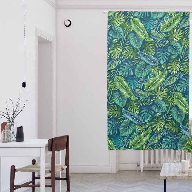 Green & Teal Tropical Palm Banana Monstera Leaves  Blackout Curtains (Living Room)