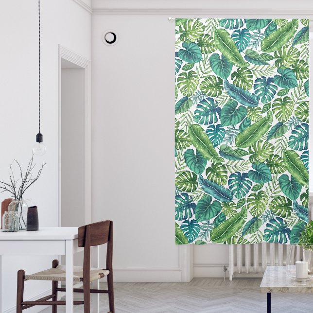 Green & Teal Tropical Palm Banana Monstera Leaves  Blackout Curtains (Living Room)
