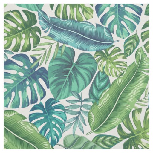 Green & Teal Tropical Palm Banana Monstera Leaves Fabric