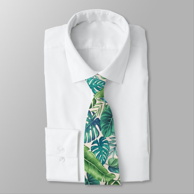 Green & Teal Tropical Palm Banana Monstera Leaves Neck Tie (Tied)