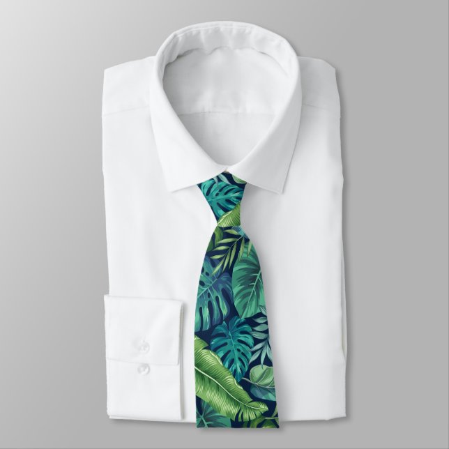 Green & Teal Tropical Palm Banana Monstera Leaves Neck Tie (Tied)