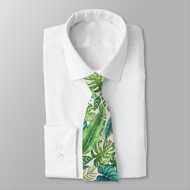Green & Teal Tropical Palm Banana Monstera Leaves  Neck Tie (Tied)