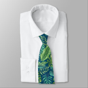 Green & Teal Tropical Palm Banana Monstera Leaves Neck Tie