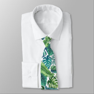 Green & Teal Tropical Palm Banana Monstera Leaves Neck Tie