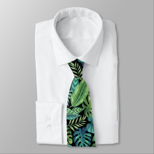 Green  Teal Tropical Palm Banana Monstera Leaves  Neck Tie
