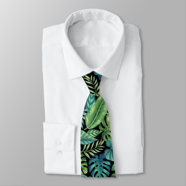 Green & Teal Tropical Palm Banana Monstera Leaves  Neck Tie (Tied)