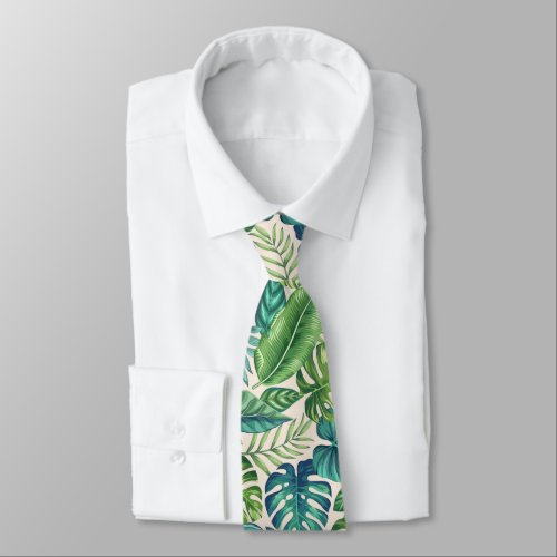 Green  Teal Tropical Palm Banana Monstera Leaves Neck Tie