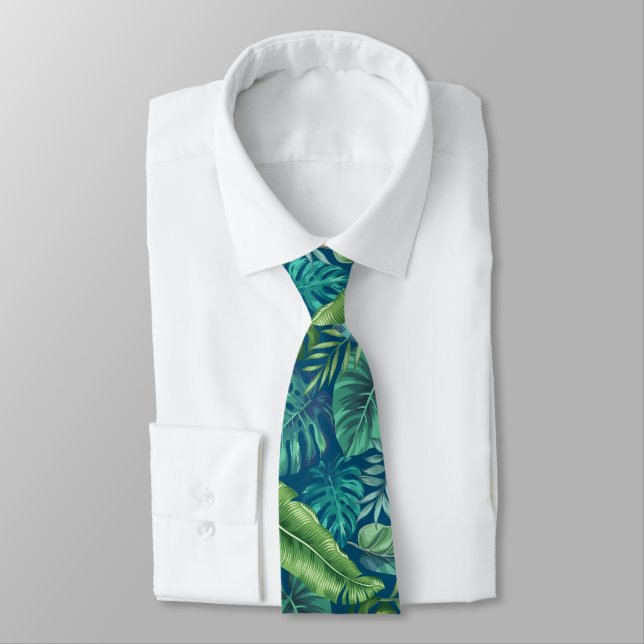 Green & Teal Tropical Palm Banana Monstera Leaves Neck Tie (Tied)