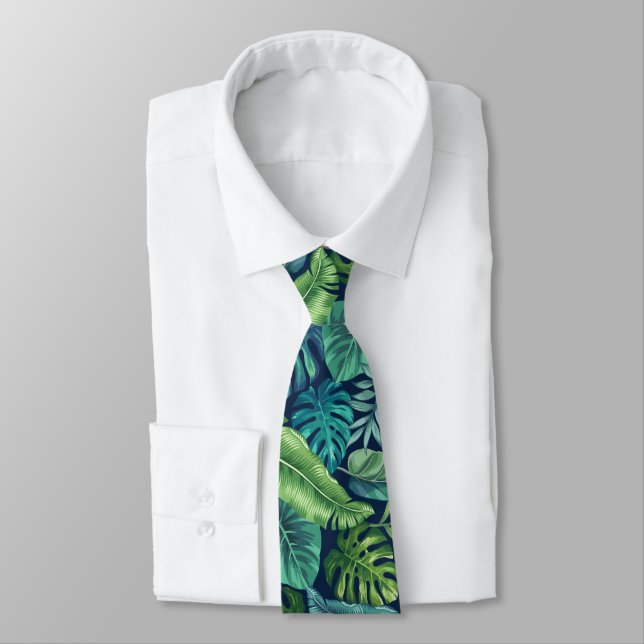 Green & Teal Tropical Palm Banana Monstera Leaves  Neck Tie (Tied)
