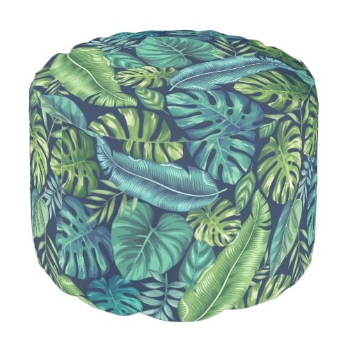 Green  Teal Tropical Palm Banana Monstera Leaves Pouf