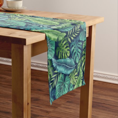 Green  Teal Tropical Palm Banana Monstera Leaves Short Table Runner