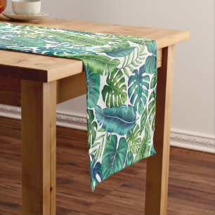 Green & Teal Tropical Palm Banana Monstera Leaves Short Table Runner
