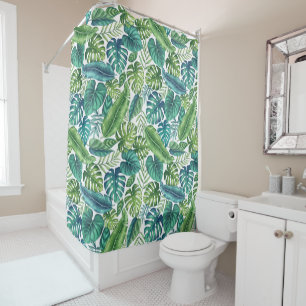 Green & Teal Tropical Palm Banana Monstera Leaves Shower Curtain