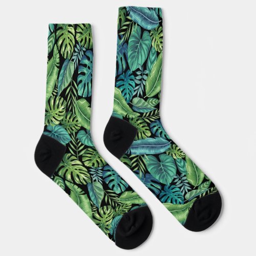 Green  Teal Tropical Palm Banana Monstera Leaves Socks